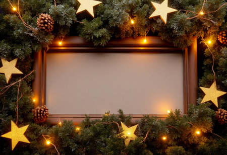 christmas decoration with wooden frame and garland lights, copy spaceの素材