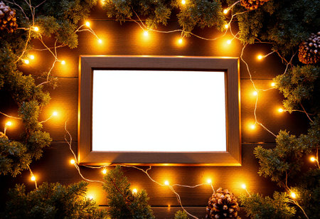 Wooden frame with Christmas lights on rustic wooden background, copy spaceの素材