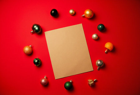 Blank sheet of paper and christmas decoration on red background.の素材