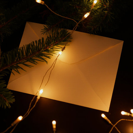 Christmas and New Year background. Envelope with glowing lights and fir branchesの素材