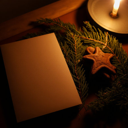 Christmas card with fir branches, candle and gingerbread cookie on wooden tableの素材