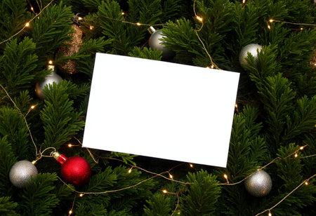 christmas background with blank card on the christmas tree with lightsの素材