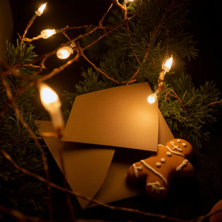 Christmas greeting card with gingerbread cookies and lights on dark background.の素材