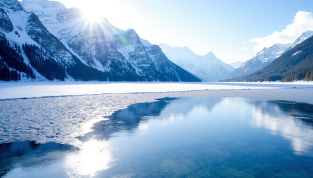 Beautiful winter landscape in the Canadian Rockies. Reflection of mountains in lake.の素材