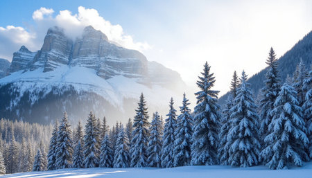 Fantastic winter landscape with snowy fir trees in the mountains.の素材