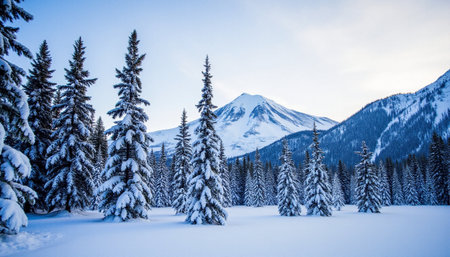 Beautiful winter landscape with snow covered fir trees in the mountains.の素材