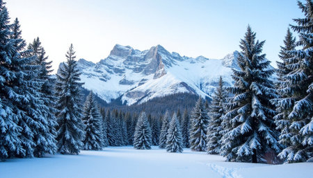 Beautiful winter landscape with snow covered fir trees in Dolomites mountainsの素材