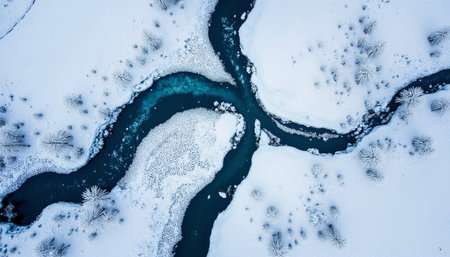 Aerial view of frozen river in winter season. Top view.の素材