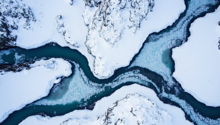 Aerial view of a frozen mountain river in the winter. Top view.の素材