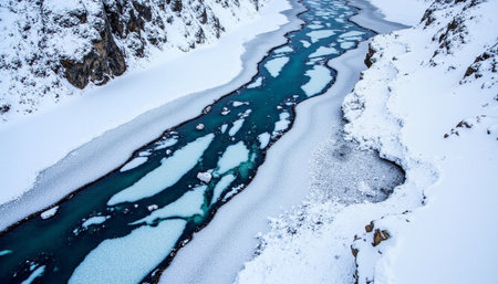 Beautiful winter landscape with blue river and snow in the mountains.の素材