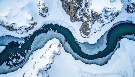 Aerial view of a frozen mountain river in winter with snow.の素材