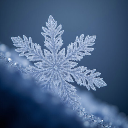Snowflake on blue background. Macro photo of real snow crystals.の素材