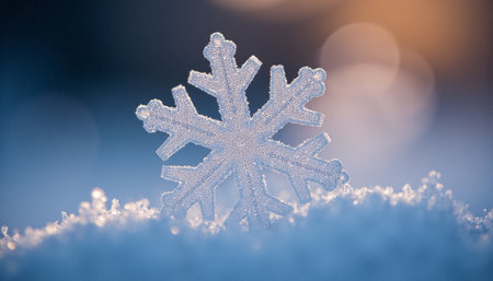 Snowflake on the snow with bokeh background. Christmas backgroundの素材