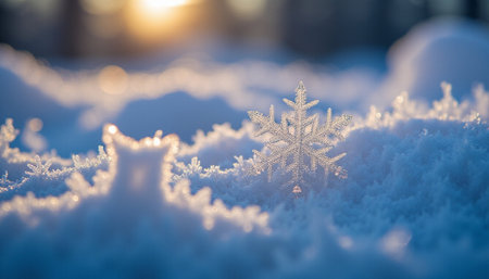 Snowflakes on a background of the sun in the winter forestの素材