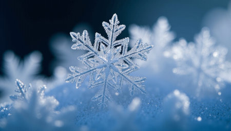 Macro shot of snowflake on blue background with bokeh effectの素材