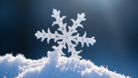 snowflake in the snow on a blue background close-upの素材