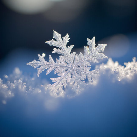 Snowflake on snow background. Christmas and New Year holidays background.の素材