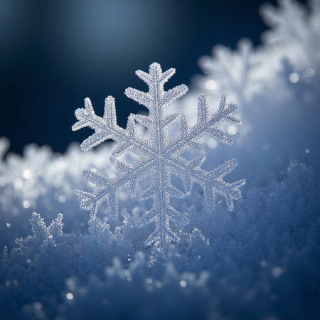 Macro shot of snowflake in the snow. Shallow depth of field.の素材
