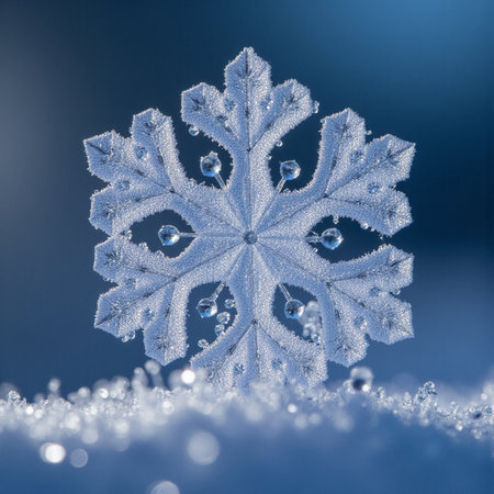 snowflake on blue background with snowflakes and bokehの素材