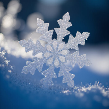 snowflake on blue background with snowflakes and bokehの素材