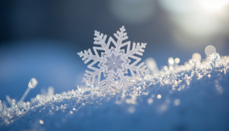 Snowflake on the snow in the winter. Christmas and New Year backgroundの素材