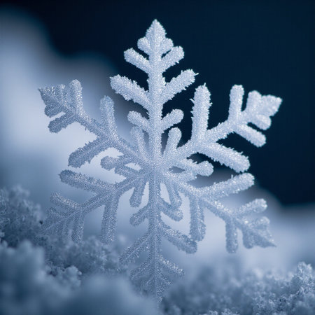 Snowflakes in the snow on a dark blue background. Shallow depth of fieldの素材