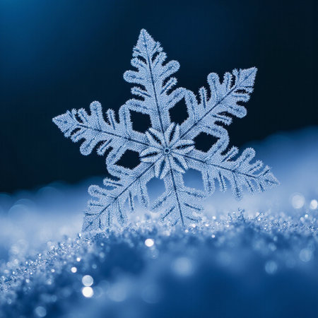 Snowflake on blue background with bokeh effect, close upの素材