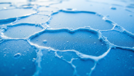 Close-up of water droplets on a blue car windshield.の素材