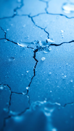 Cracks on the glass. Blue background. Shallow depth of field.の素材
