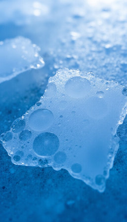 Close up of ice cubes on blue background, shallow depth of fieldの素材