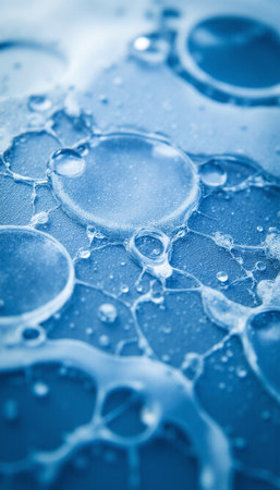 Water drops on a blue surface close-up. Abstract background.の素材