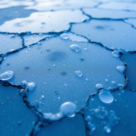 Cracked glass with water droplets. Blue background. Close-up.の素材