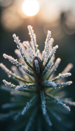 Frost on a pine branch in the rays of the setting sunの素材