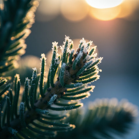 Frosty fir tree branch close up, winter nature background.の素材