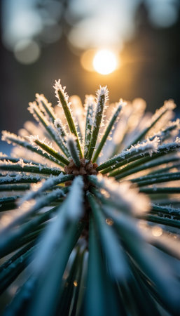 Close up of pine needles covered with hoarfrost in winter.の素材