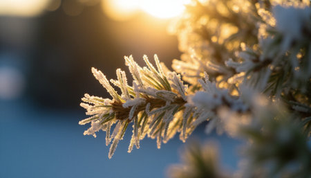 Pine branch covered with hoarfrost in the rays of the setting sunの素材
