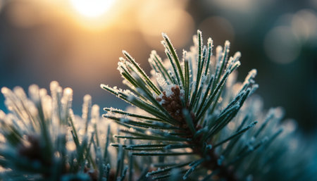 Spruce branch covered with hoarfrost in the rays of the setting sunの素材