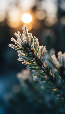 Pine tree branch covered with hoarfrost at sunset. Winter backgroundの素材