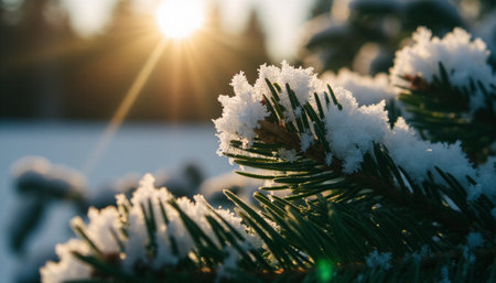 Fir tree branches covered with snow in winter forest at sunset.の素材