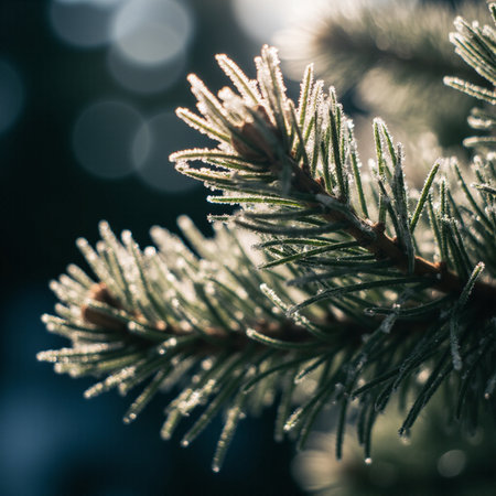 spruce branch covered with hoarfrost close-up, shallow depth of fieldの素材