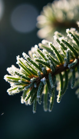 Frosty pine tree branch in the winter. Close up.の素材