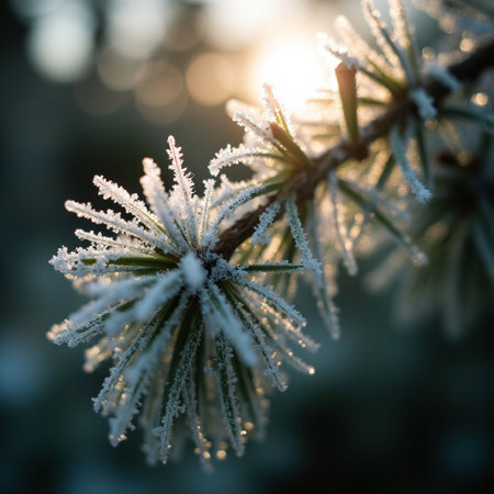 Hoarfrost on a pine branch in the rays of the setting sunの素材