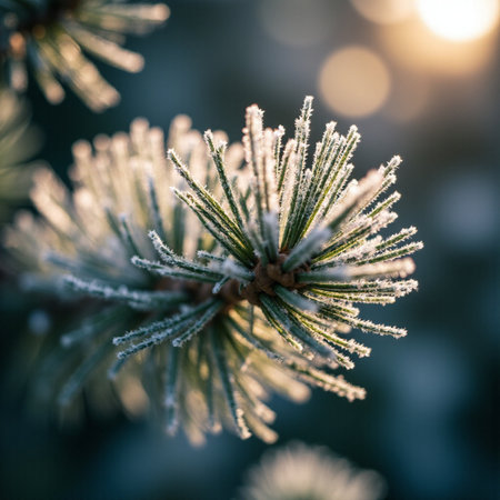 Pine branches covered with hoarfrost in the rays of the sunの素材