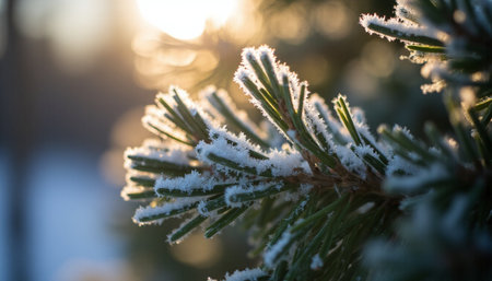 Pine branches covered with hoarfrost in the winter forest.の素材