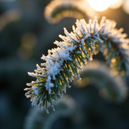 Fir branch covered with hoarfrost in the rays of the setting sunの素材