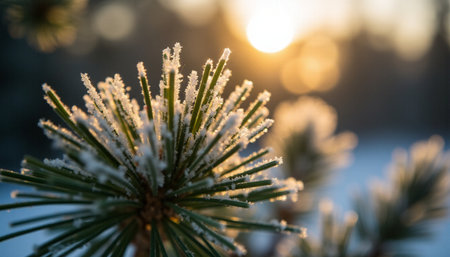 Pine branches covered with hoarfrost at sunset. Winter backgroundの素材
