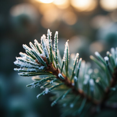 Fir branches covered with hoarfrost on a background of the sunの素材