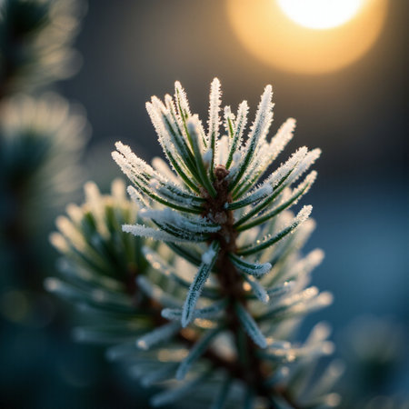 Frost on the branches of a Christmas tree in the rays of the setting sunの素材
