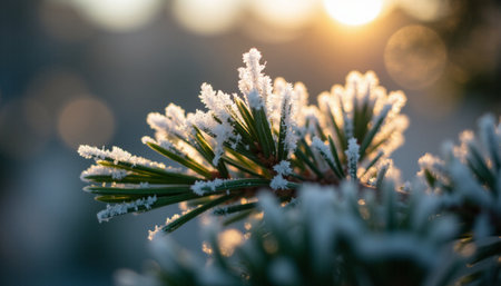 Pine branches covered with hoarfrost at sunset. Christmas backgroundの素材