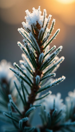 Pine branches covered with hoarfrost on a cold winter dayの素材